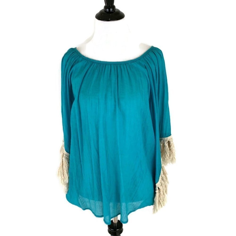 Vava by Joy Han Women's M Medium Top Scoop Neck Boho Tassels Crinkle Fabric